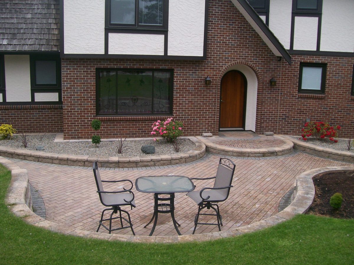 patio with paving stones and retaining walls